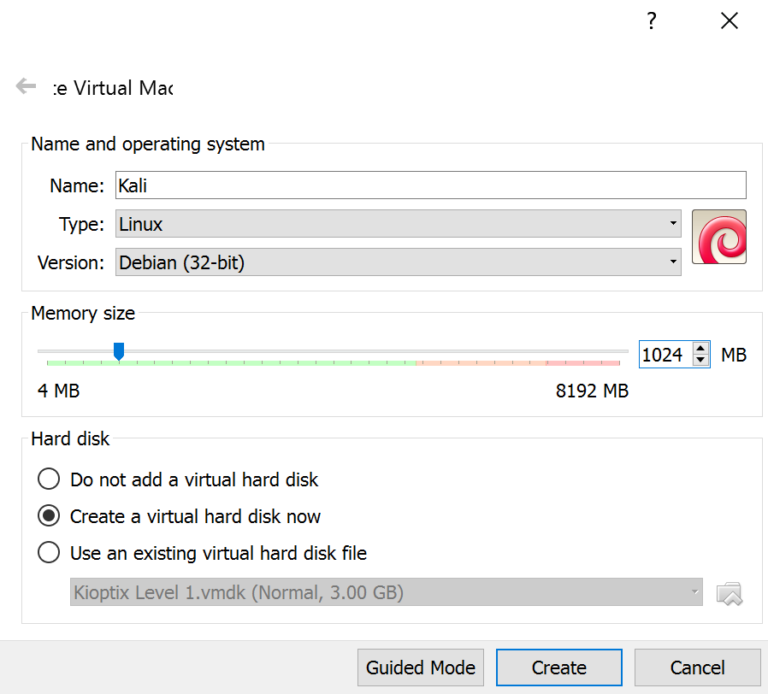 VirtualBox 'Create Virtual Machine' dialog with Type set to Linux and Version set to Debian