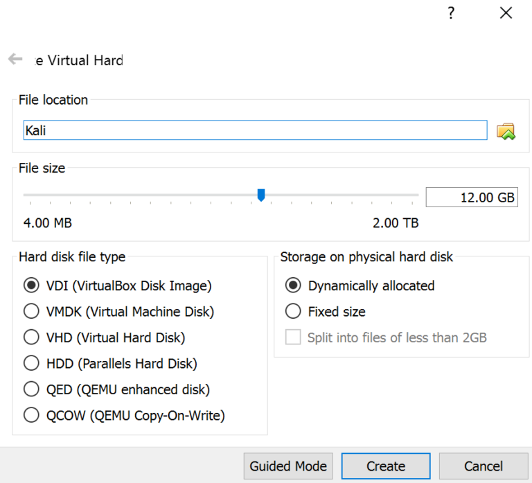 VirtualBox dialog setting the Kali virtual hard disk size to 9 GB