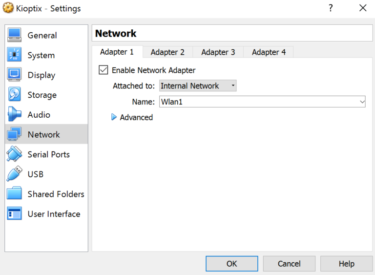VirtualBox network settings with Adapter 1 attached to an Internal Network named Testnet