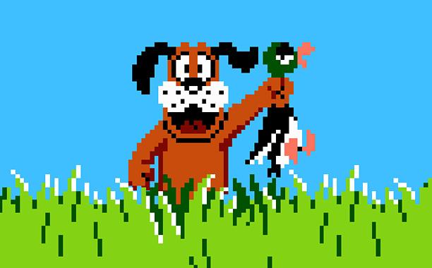 Happy DuckHunting! — the pixel-art dog from the NES game Duck Hunt, grinning in the grass and holding up a duck.