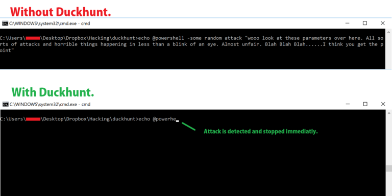 Example of Duckhunt stopping a Rubberducky attack — two cmd.exe windows: without Duckhunt a long injected command runs in full; with Duckhunt the attack is detected and stopped after a couple of characters.