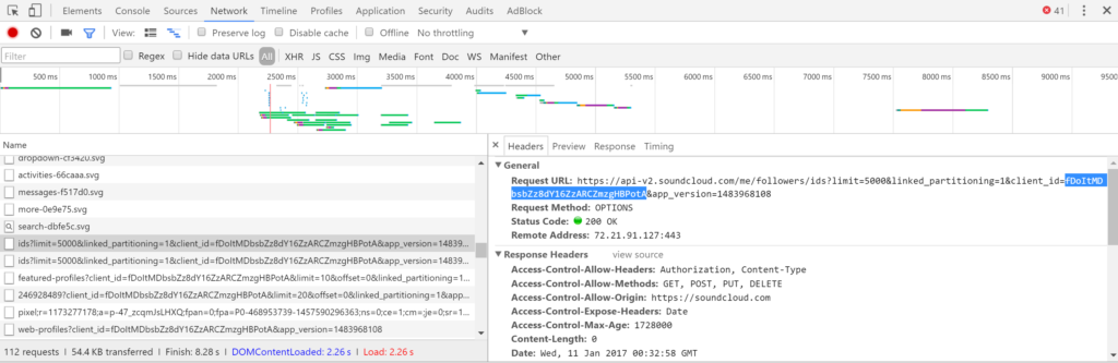 Chrome devtools network panel showing the static public SoundCloud API key in an API request URL.