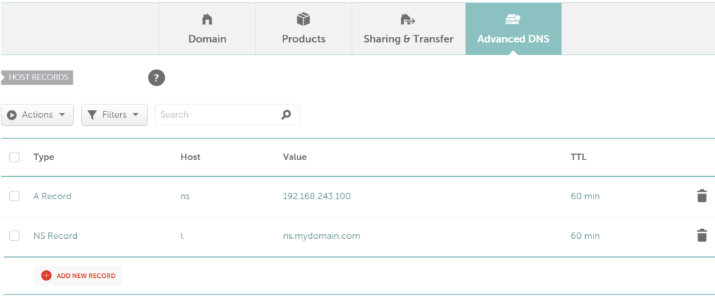 Namecheap DNS records panel showing an A record for ns.mydomain.com pointing to the server IP and an NS record delegating t.mydomain.com to ns.mydomain.com.