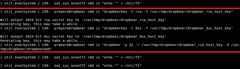 first-boot log showing Dropbear RSA/DSS key generation